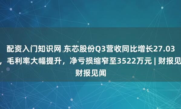 配资入门知识网 东芯股份Q3营收同比增长27.03%，毛利率大幅提升，净亏损缩窄至3522万元 | 财报见闻